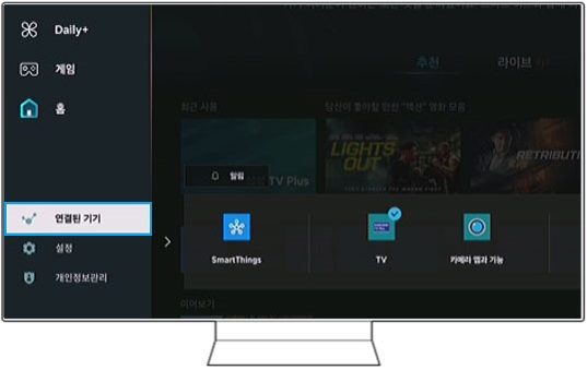2. TV 홈 메뉴가 뜨면 TV 리모컨 왼쪽(←) 방향 버튼을 눌러 ① '외부입력'으로 이동 후 오른쪽(→) 상단 ② '통합 리모컨 설정'을 선택해 주세요.