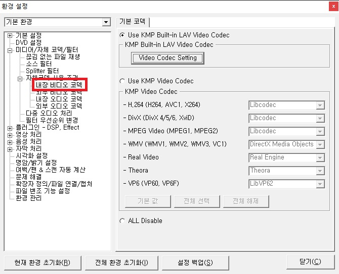 자체코덱 사용 조건에서 내장 비디오 코덱 선택