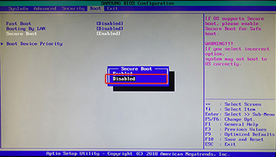 Secure Boot 항목을 Disabled로 변경