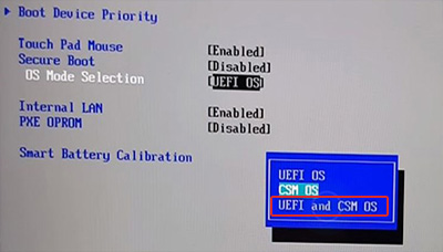 OS Mode Selection 항목에서 UEFI and CSM OS 선택하기