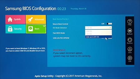 OS Mode Selection 항목에서 UEFI and CSM OS 선택
