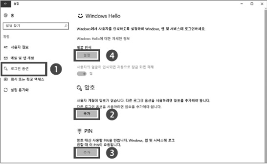 얼굴인식기능 설정하려면 로그인 암호와 pin을 먼저 설정해야함