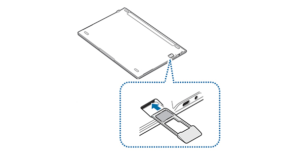 Nano-SIM 카드를 살짝 눌러 끼운 후 트레이를 SD 카드 트레이 삽입구에 넣기