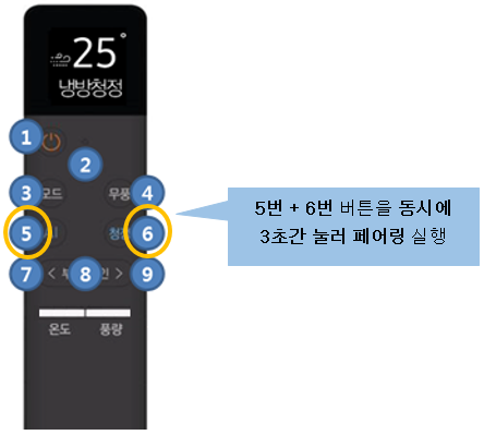 리모컨의 5번 + 6번 버튼을 동시에 3초간 눌러 페어링 실행하는 이미지