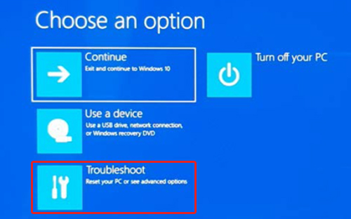 choose an option 창에서 왼쪽 아래의 Troubleshoot 선택 화면