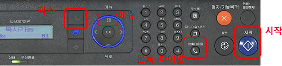 SL-M267x 시리즈 복합기 조작부에 왼쪽에 팩스버튼, 오른쪽에 메뉴, 더 오른쪽에 온훅다이얼버튼, 그 옆에 시작버튼 위치 안내 화면