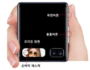 갤럭시 Z 플립을 접은 상태에서 오른쪽 상단의 버튼과 그 아래의 볼륨 버튼 위치 및 앞면 왼쪽 아래에 프리뷰 화면 예시