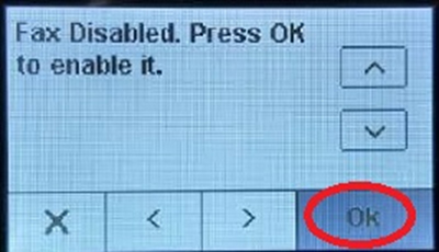 Fax Disabled. Press OK to enable it.' 나타나면 'OK'를 누르세요