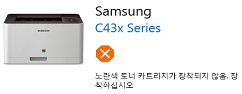 SL-C43x 시리즈 토너 재장착 필요 에러발생할 때  점검하는 방법  - 이지 프린터 매니저화면에 노란색 토너 카트리지가 장착되지 않음. 장착하십시오 라고 표시된 에러 화면