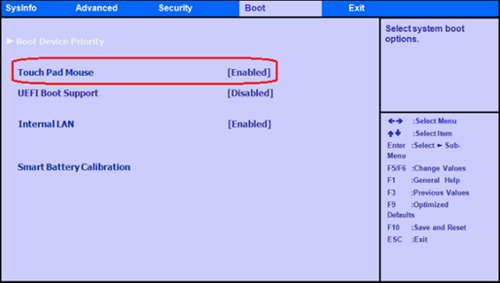Boot 탭으로 이동하여 Touch Pad Mouse 항목의 값이 Enable이면 Disable로 변경합니다