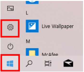 windows 10 설치 후 Samsung Settings 와 Samsung Security가 동작하지 않을때 시작에서 설정 메뉴 클릭하기