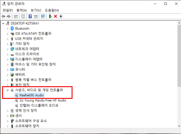 사운드 비디오 및 게임 컨트롤러 항목에서 Realtek Audio 장치가 있는지 확인