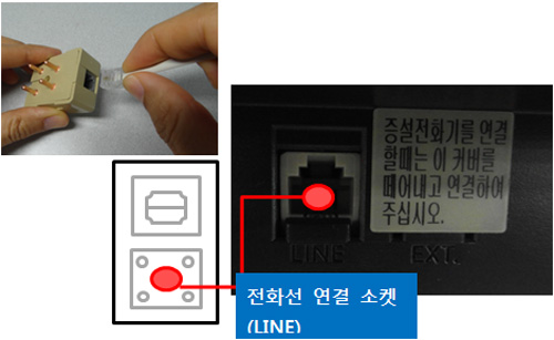SL-M287x 시리즈 팩스설치 및 사용 안내를 위해 복합기 뒷면에 있는 전화선 연결 소켓에 전화선을 연결하는 예시 화면