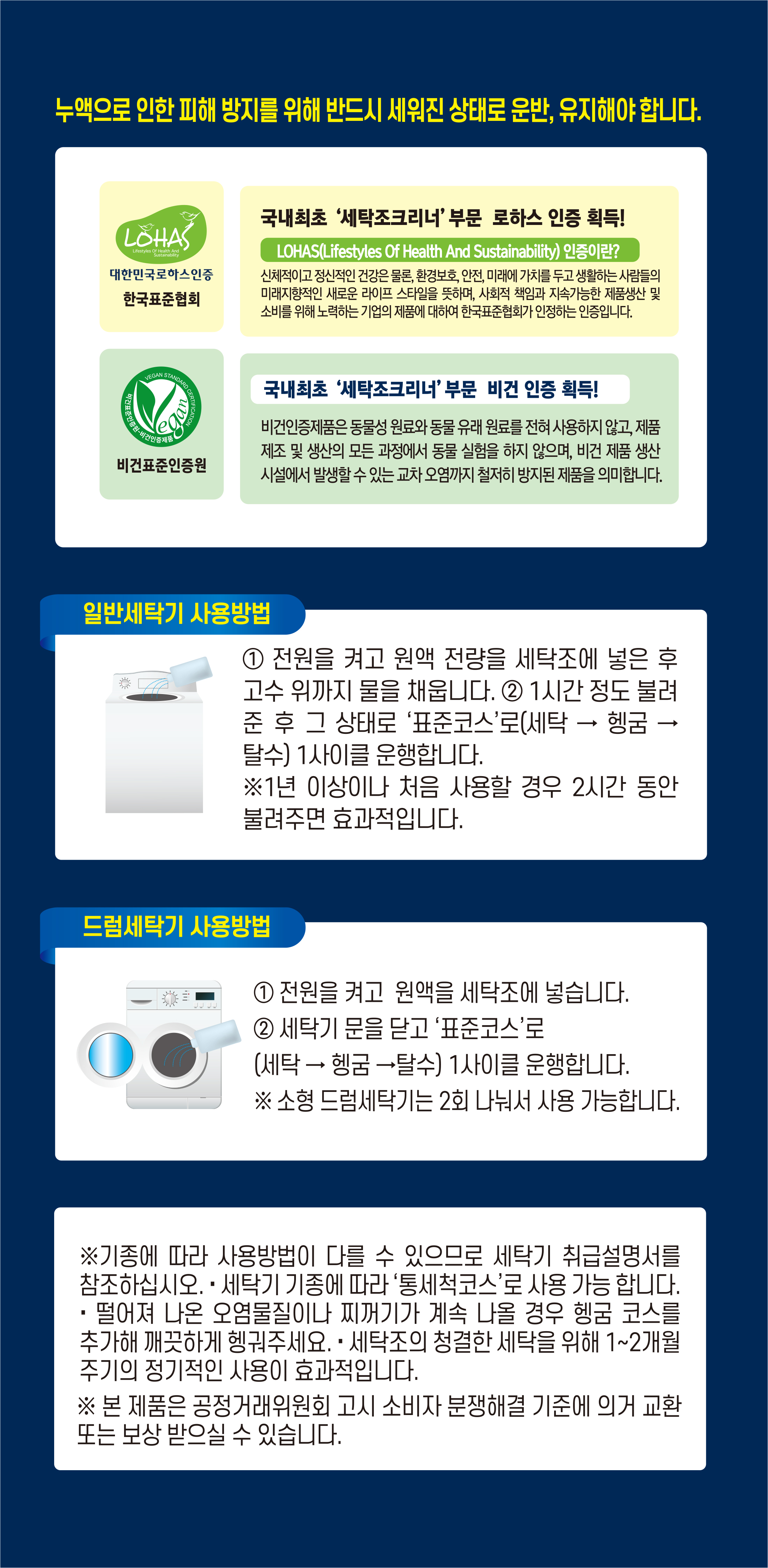누액으로 인한 피해 방지를 위해 반드시 세워진 상태로 운반, 유지해야 합니다. 일반세탁기 사용법, 드럼세탁기 사용법